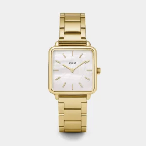 Montre Cluse La Tétragone acier, blanc Pearl, dorée CL60026S