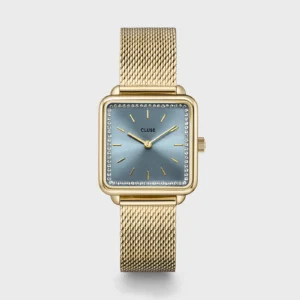 Montre Cluse La Tétragone maille stones bleu clair, dorée CW10310