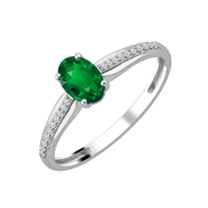 Bague empierrée taille 54 20 diamants + 1 émeraude oval 6x4 Or 750/1000 Gris rhodié