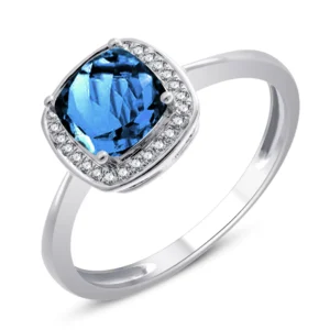 Bague empierrée taille 54 28 diamants 0,07 cts or blanc 750 + london topaze coussin 6x6 Or 750/1000 Gris rhodié