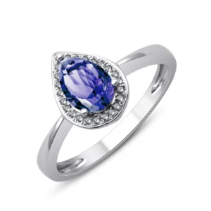 Bague empierrée taille 54 3 griffes 24 diamants 0,060 cts or blanc 750 + tanzanite poire 7x5 mm c Or 750/1000 Gris rhodié