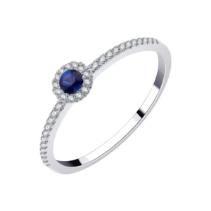 Bague empierrée taille 54 35 diamants 0,11 ct + 1 saphir 0,20 cts or blanc 750 Or 750/1000 Gris rhodié