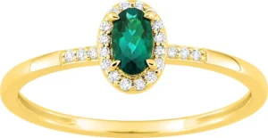 Bague empierrée taille 54 émeraude synthétique diamant synthétique f-vs 0.07ct or 375/1000 jaune