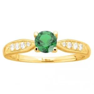 Bague empierrée taille 56 pl.or oxydes de zirconium blanc et pierre synthetique verte plaqué or jaune