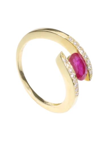 Bague empierrée taille 56 serpentin rubis 7×5 ovale 16bt = 0.13ct hs or 750/1000 jaune