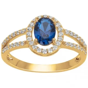 Bague empierrée taille 58 plaque or et 48 oxydes de zirconium et 1 spinelle synthetique bleu jaune
