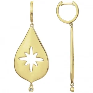 Boucles d'oreilles la garçonne diamant pendantes plaque or 3mor 750 1000 et 2 diamant 0,03 ct jaune