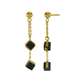 Boucles d'oreilles n°3 puces acier doré, agate noire jaune