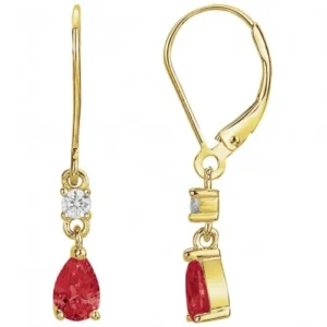 Boucles d'oreilles pendantes plaque or 3m et 2 oxydes de zirconium blanc et 2 oxydes de zirconium rouge rubis jaune