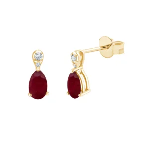 Boucles d'oreilles puces 2 rubis 0,51cts + 4dts 0,02ct Or 750/1000 Jaune