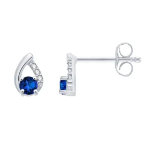 Boucles d'oreilles puces 2 saphirs 0,19cts + 6 diamants 0,010 cts Or 375/1000 Gris rhodié