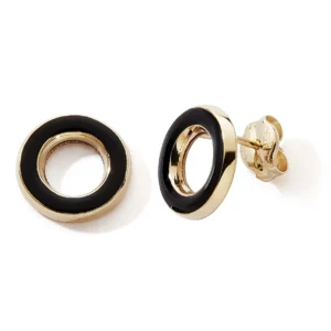 Boucles d'oreilles puces 375 or jaune cercle laque noir ajoure Or 375/1000