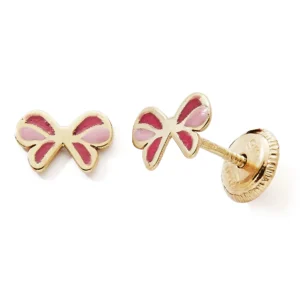 Boucles d'oreilles puces 375 tout or jaune noeud laque rose/fushua Or 375/1000
