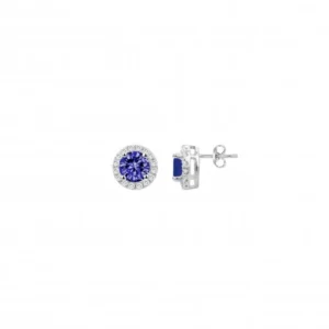 Boucles d'oreilles puces argent. 34 oxydes de zirconium spinelle synth. bleu fonce argent gris rhodié