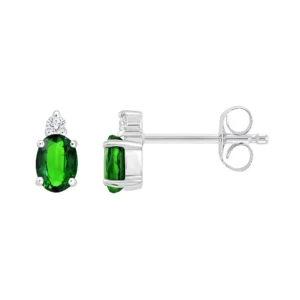 Boucles d'oreilles puces émeraude 0,45cts + 2 diamants 0,010cts Or 375/1000 Gris rhodié
