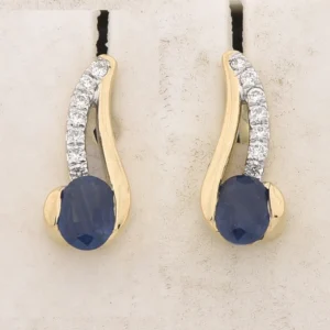 Boucles d'oreilles puces Or 750/1000 saphir ovales 4x3mm, diamants Jaune