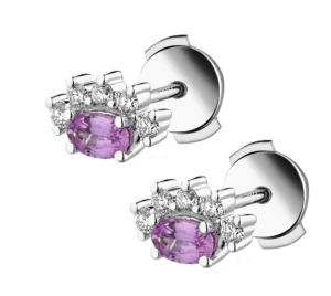 Boucles d'oreilles puces saphir rose ovale 0r 750 serties de 10 diamants 0.20 carats /rendez-vous Or 750/1000 Gris