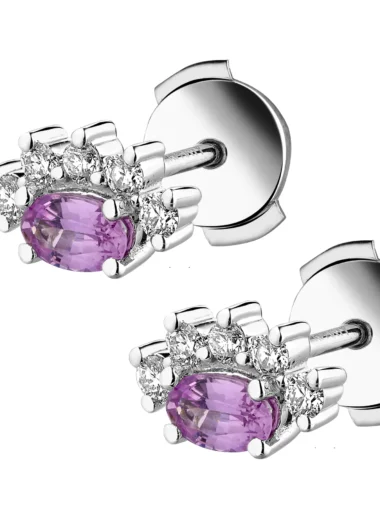 Boucles d&rsquo;oreilles puces saphir rose ovale 0r 750 serties de 10 diamants 0.20 carats /rendez-vous or 750/1000 gris