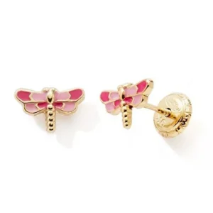 Boucles d'oreilles puces vis 375 or jaune libellule rose/fushia Or 375/1000