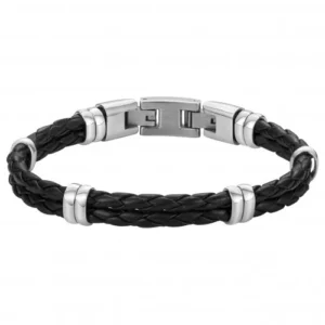 Bracelet phebus cuir croute de vachette noir tresse et lien acier 19 et 1.5cm gris
