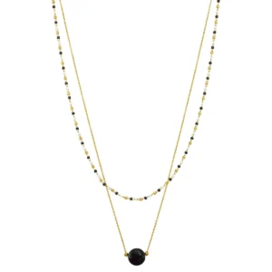 Collier n°3 acier doré, agates noires et perles miyuki jaune