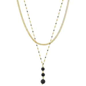 Collier n°3 acier doré, agates noires et perles miyuki jaune