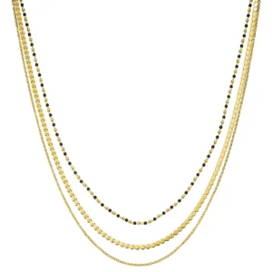 Collier n°3 acier doré, perles miyuki blanches, noires et dorees jaune