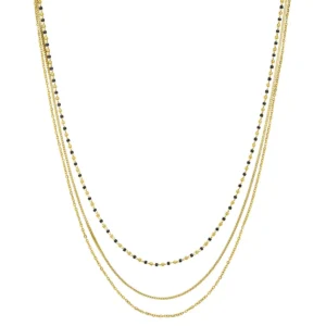 Collier n°3 acier doré, perles miyuki noires et dorees jaune