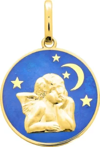 Pendentif médaille religieuse Médaille ange or 750/1000 jaune laque bleu