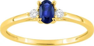 Bague empierrée taille 54 saphir synthétique diamant synthétique f-vs 0.06ct or 375/1000 jaune
