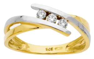 Bague empierrée taille 56 Or 375/1000 bague bicolore 3 x oxyde de zirconium 2,2mm