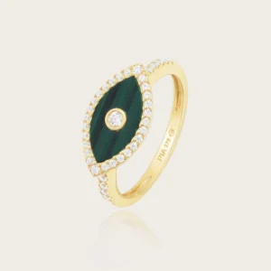 Bague empierrée taille 56 or 375/1000 oxyde de zirconium malachite j'ose Jaune