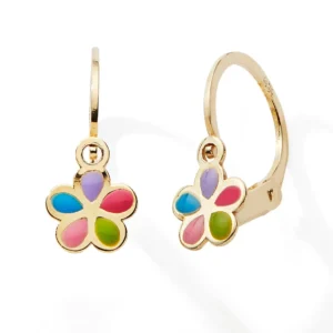 Boucles d'oreilles pendantes fleur multicolor Or 375/1000 Jaune