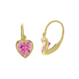 Boucles d'oreilles pendantes oxyde de zirconium coeur rose 6x6 or 375/1000 Jaune