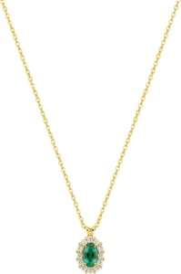 Collier avec pierre émeraude synthétique diamant synthétique f-vs 0.16ct or 375/1000 jaune centre ovale