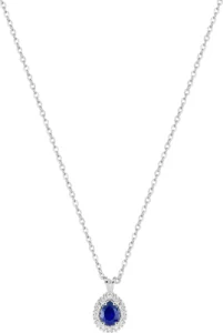Collier avec pierre saphir synthétique diamant synthétique f-vs 0.07ct or 375/1000 blanc centre poire Gris rhodié