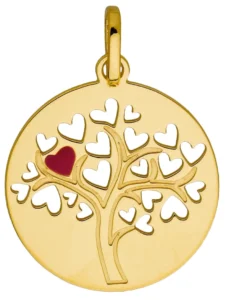 Pendentif arbre de vie cœur laqué framboise en or 375/1000 jaune